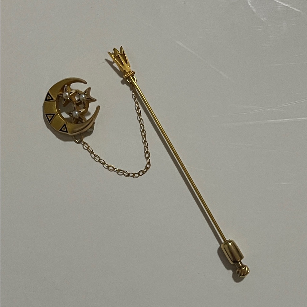 Vintage Art Deco 10K Gold Tri Delta Moon & Star Chain Stick Pin Brooch - Picture 4 of 14